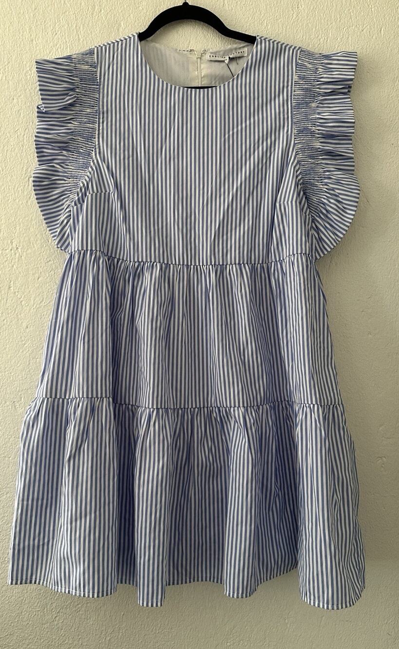 NWT English Factory Ruffle Mini Dress M Blue White Stripe Tiered Coastal Preppy